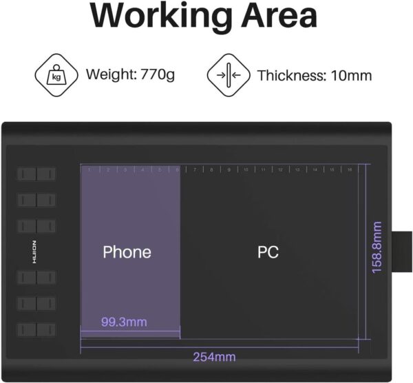 HUION Inspiroy H1060P Graphics Drawing Tablet with 8192 Pressure Sensitivity Battery-Free Stylus and 12 Customized Hot Keys, 10 x 6.25 inches Digital Art Tablet for Mac, Windows PC and Android - Image 4