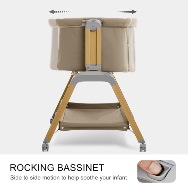 3 in 1 Baby Bassinet, Rocking Bassinets with Comfy Mattress and Wheels, Adjustable Height Bassinet Bedside Sleeper, Easy Folding Portable Crib for Newborn (Khaki) - Image 3