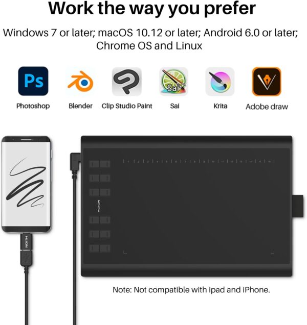 HUION Inspiroy H1060P Graphics Drawing Tablet with 8192 Pressure Sensitivity Battery-Free Stylus and 12 Customized Hot Keys, 10 x 6.25 inches Digital Art Tablet for Mac, Windows PC and Android - Image 5