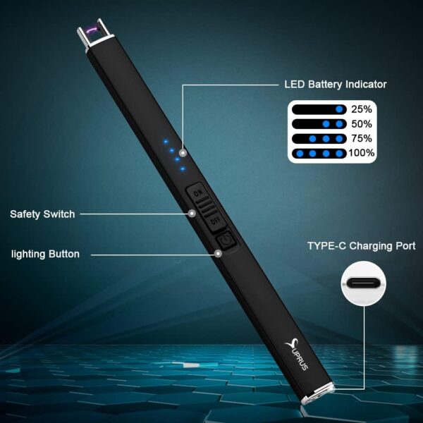 SUPRUS Electric Lighter Arc Windproof Flameless USB Lighter Rechargeable Lighter with Safety Lock for Candle BBQ Camping (Black) - Image 3
