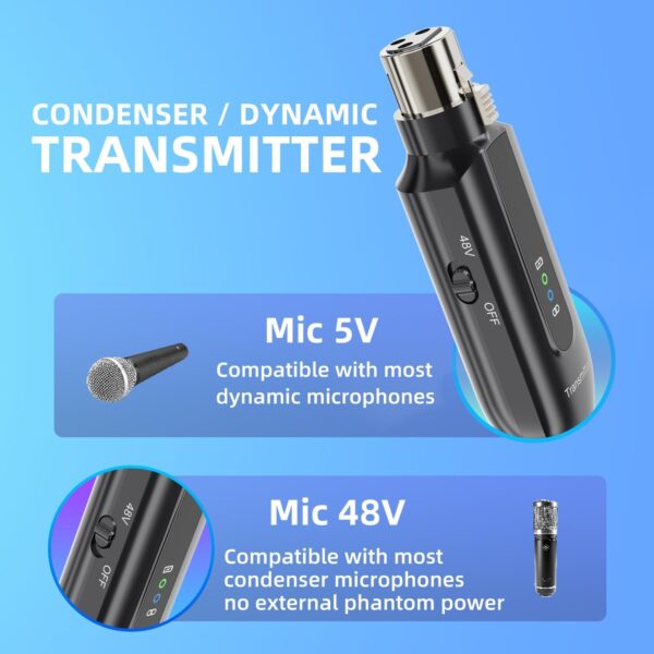 2.4GHz Wireless Microphone System XLR Mic Adapter, Audio Dynamic Transmitter Receiver for Mixer PA Speaker and DSLR Camera, 48V Phantom Power for Condenser Mic - Image 4