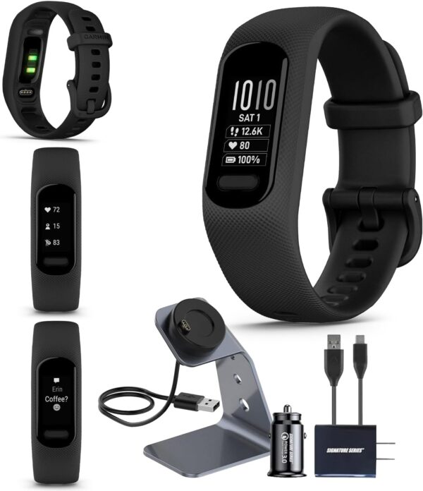 Garmin vivosmart 5 Fitness Tracker, Long-Lasting Battery, Wrist Heart Rate, Sleep Tracking, Smart Notifications, Compatible with Phone GPS | Signature Series Charger Bundle