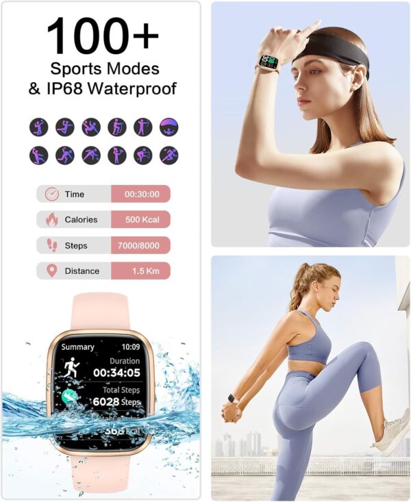 Smart Watches for Women, 1.75" Bluetooth Call, AI Voice Smartwatch, 24/7 Heart Rate Monitor, Blood Pressure/SpO2/Sleep Tracker, IP68 Waterproof, 100+ Sports Fitness Tracker for Android iOS Pink - Image 3