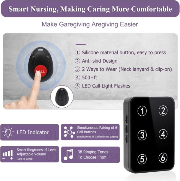CallTou Wireless Caregiver Pager Call Button Low Battery Reminder Nurse Call System with LED Number Display for Elderly/Patients/Disabled/Home 3 Plug-in Receivers 6 Waterproof Portable Panic Buttons - Image 3