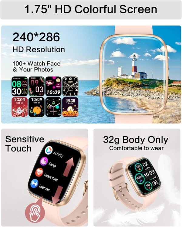 Smart Watches for Women, 1.75" Bluetooth Call, AI Voice Smartwatch, 24/7 Heart Rate Monitor, Blood Pressure/SpO2/Sleep Tracker, IP68 Waterproof, 100+ Sports Fitness Tracker for Android iOS Pink - Image 4
