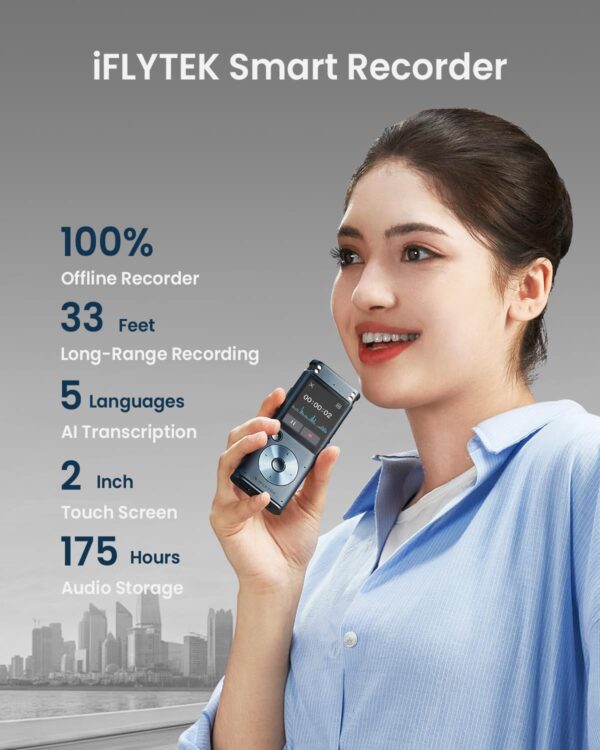 Offline Voice Recorder with Playback, Secure Digital Recorder with AI Transcription, 5-Language Voice-to-Text, Noise Reduction, AI Voice Recorder for Meetings, Interviews, Learning - Image 2