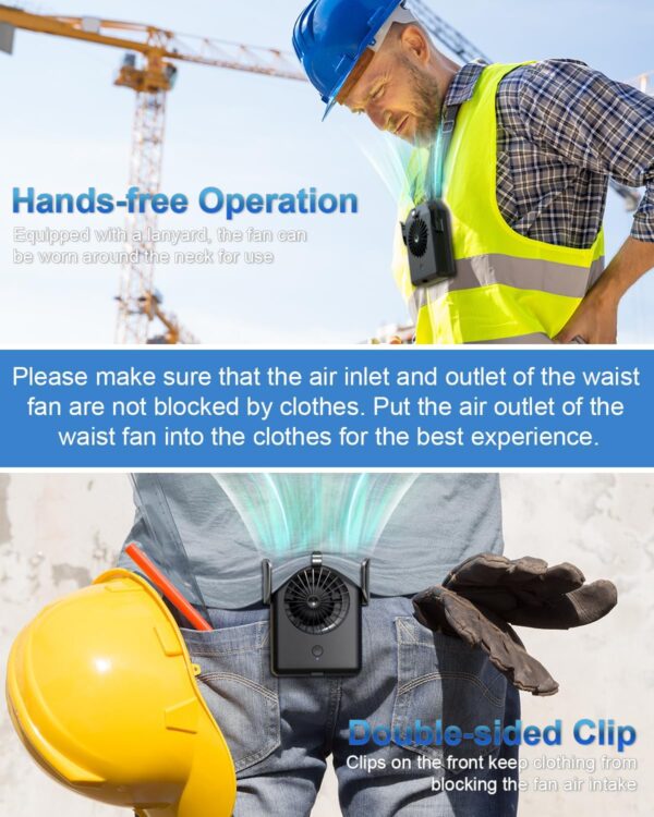 Portable Fan 10000mAh Rechargeable, Mini Waist Fan With Max 24H Working Time, 3 Speeds 5100RPM Strong Airflow Wearable Personal Clip Fan Belt Fan for Outdoor, Jobsite, Farms, Traveling, Fishing - Image 5