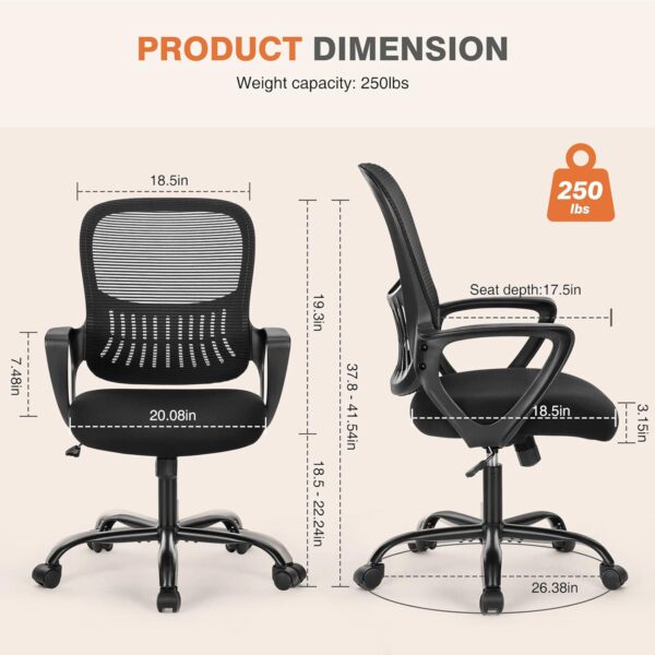 Sweetcrispy Office Computer Desk Managerial Executive Chair, Ergonomic Mid-Back Mesh Swivel Rolling Work with Wheels, Comfortable Lumbar Support, Comfy Arms for Home,Bedroom,Study,Student,Black - Image 7
