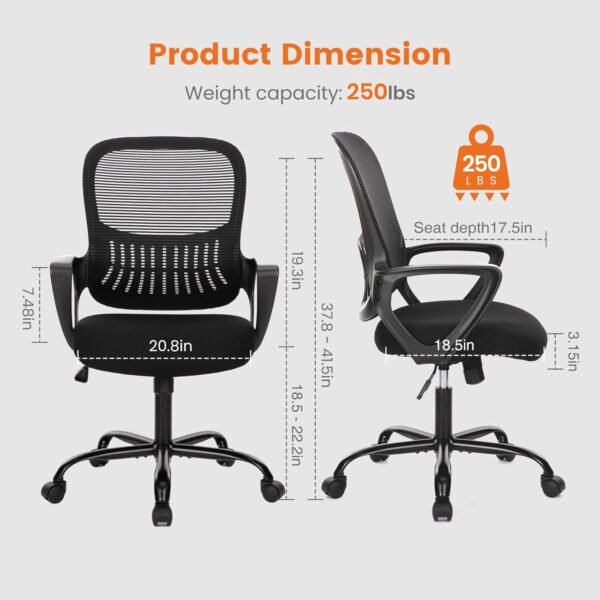 Sweetcrispy Office Computer Desk Managerial Executive Chair, Ergonomic Mid-Back Mesh Swivel Rolling Work with Wheels, Comfortable Lumbar Support, Comfy Arms for Home,Bedroom,Study,Student,Black - Image 2