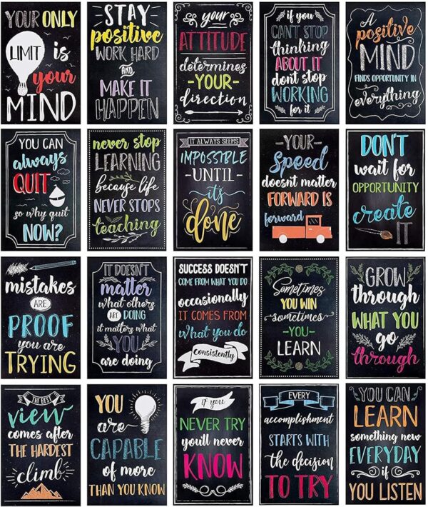 Juvale 20 Pack Motivational Posters with Positive Quotes for School Classrooms, Bulletin Boards, Inspirational Growth Mindset Poster, Chalkboard Style, 13 x 19 in