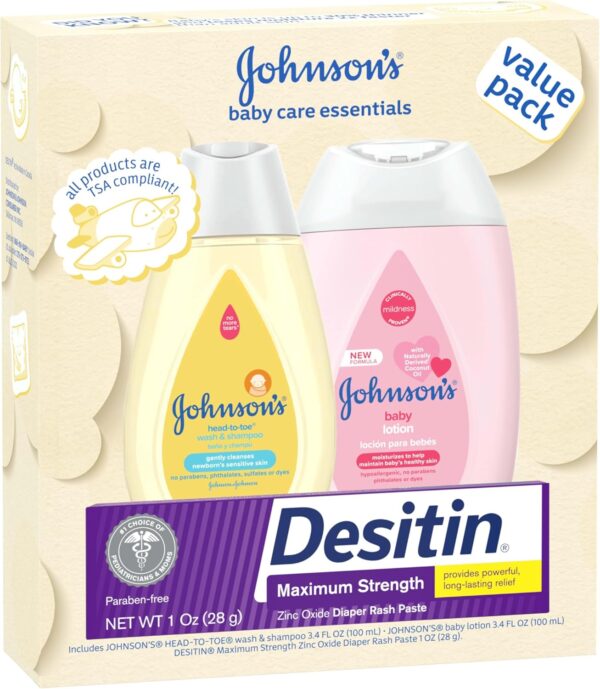 Johnson's Baby Care Essentials Gift Set, Body Lotion, & Zinc Oxide Diaper Rash Paste for Baby's Delicate Skin, Value Pack, Travel-Size, Bath Essentials Must Haves, Baby Gifts, 3 Items - Image 5