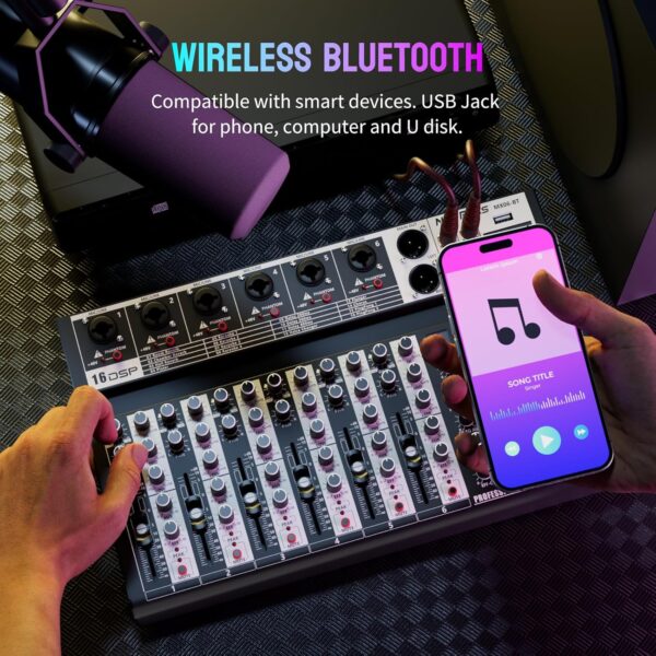 Professional Audio Mixer,6 Channel Audio Interface Sound Board Mixing Console System with Monitor,16 DSP DJ Bluetooth Mixer Reverb Effect +48V Phantom For Karaoke Studio Streaming Recording - Image 3