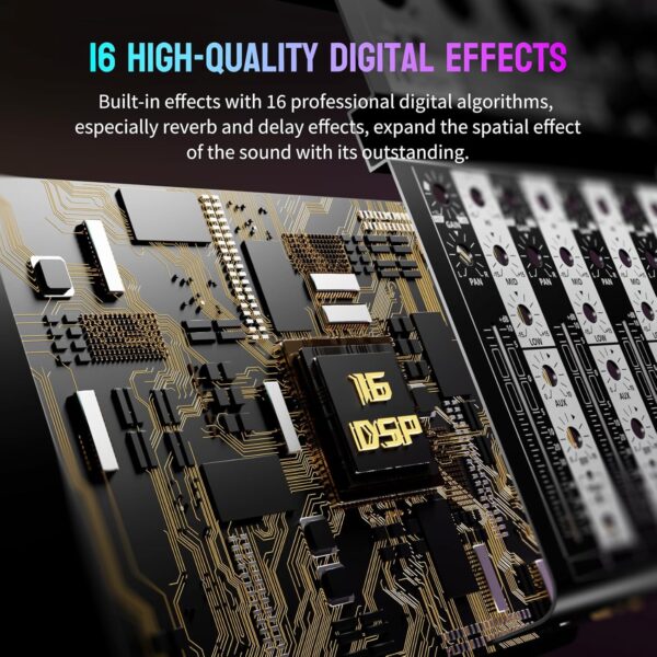 Professional Audio Mixer,6 Channel Audio Interface Sound Board Mixing Console System with Monitor,16 DSP DJ Bluetooth Mixer Reverb Effect +48V Phantom For Karaoke Studio Streaming Recording - Image 4