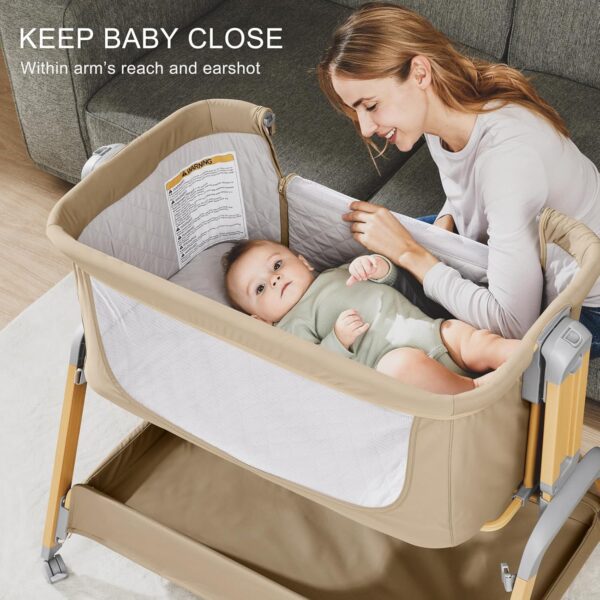 3 in 1 Baby Bassinet, Rocking Bassinets with Comfy Mattress and Wheels, Adjustable Height Bassinet Bedside Sleeper, Easy Folding Portable Crib for Newborn (Khaki) - Image 5