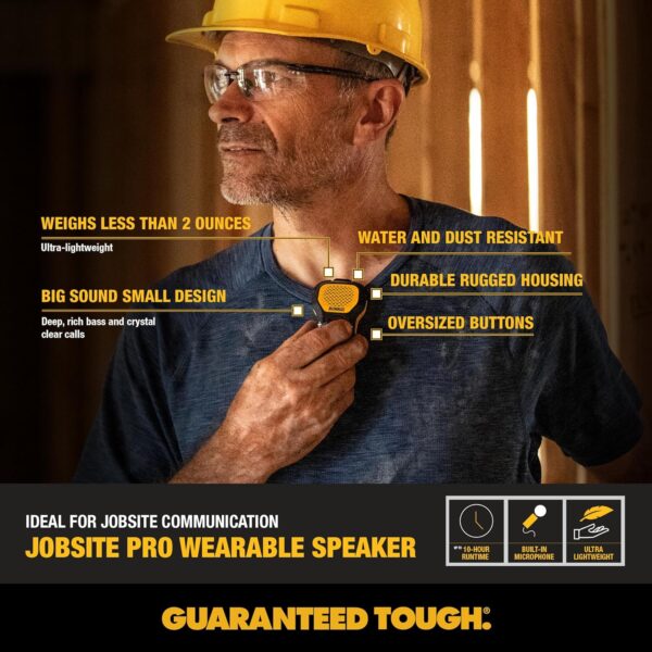 DEWALT Wearable Bluetooth Speaker (Updated Version), Clip-On Wireless Jobsite Pro Water-Resistant Portable Speaker (Non-Magnetic), Built-in Mic for Hands-Free Music/Calls, Bluetooth Speaker (Yellow) - Image 5