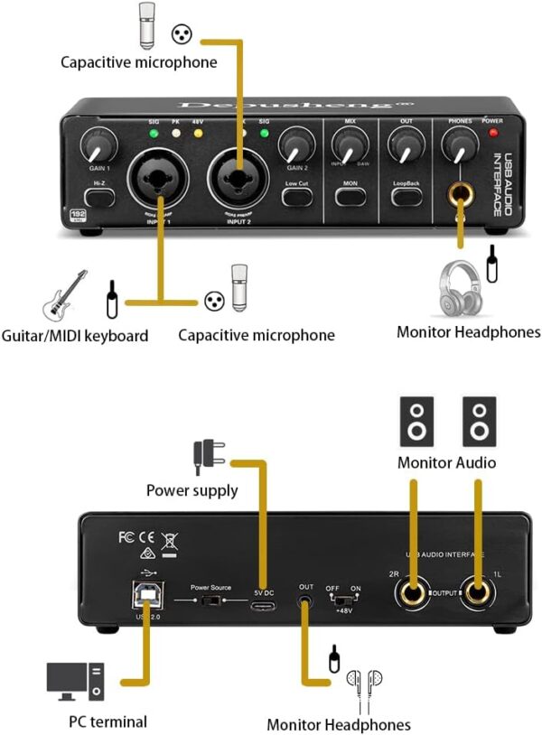 Depusheng RX2 usb audio interface computer recording sound card, home studio audio interface, can connect 48V condenser microphone, guitar recording - Image 4