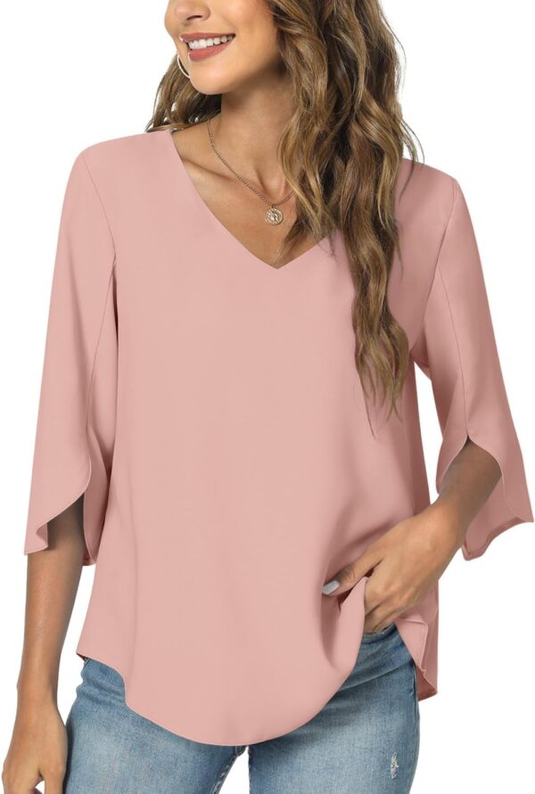 TAOHUADAO Womens 2025 Summer 3/4 Sleeve Tunic Tops Chiffon Work Blouse V-Neck Dressy Casual Shirt - Image 2
