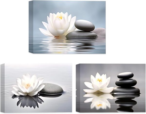 CCWACPP Zen Canvas Wall Art 3 Piece White Lotus and Black Zen Stones Picture Prints for Yoga Spa Meditation Spiritual Room Bathroom Decor Frame (20x28inchx3P)