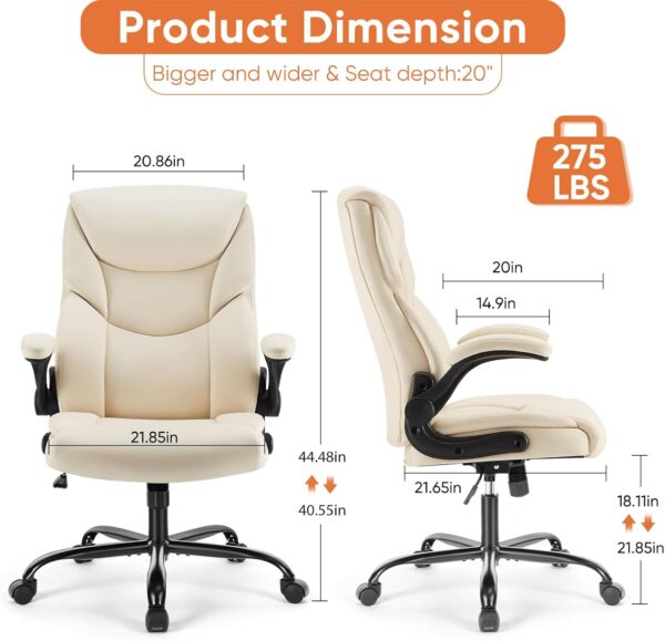 Sweetcrispy Computer Gaming Chair, Ergonomic High Back Heavy Duty Task Desk Office Chairs with Wheels, Flip-up Arms, Adjustable Height, PU Leather, Cream - Image 3
