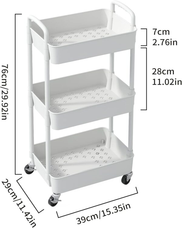 Sywhitta 3-Tier Plastic Rolling Utility Cart with Handle, Multi-Functional Storage Trolley for Office, Living Room, Kitchen, Movable Storage Organizer with Wheels, White - Image 2