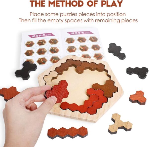 Skrtuan Wooden Hexagon Puzzle for Kids & Adults, Montessori STEM Educational Toy with Colorful Shapes, Logic IQ Brain Teaser Game for All Ages, Geometry Tangram Gift - Image 4
