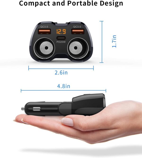 [2025 Upgraded] Cigarette Lighter Splitter, SUPERONE 180W 2-Socket Cigarette Lighter Adapter with Dual QC3.0 and 20W PD USB C Car Charger Splitter for GPS/Dash Cam/Laptop/iPad/iPhone 16/15/14/13/12/11 - Image 4