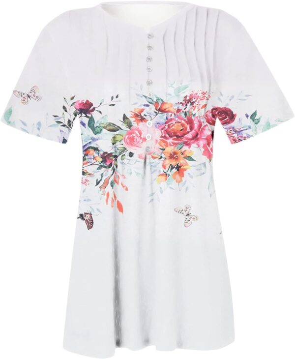 V Neck T Shirts for Women,Short Sleeve Tops 2025 Summer T Shirt Casual V Neck Button Printed Blouse Plus Size Tees - Image 2