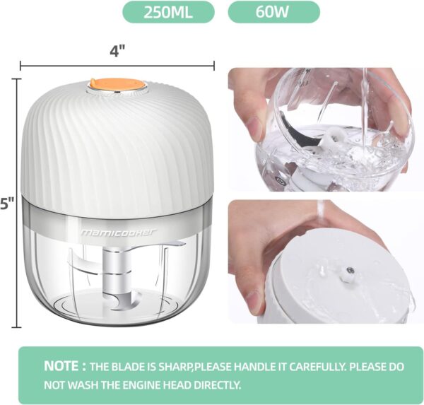 Electric Garlic Chopper, Mini Portable Veggie Chopper, 250ML Garlic Grinder Masher Onion Chopper, Blender to Vegetable, Wireless Food Processor for Ginger, Chili, Fruit, Meat, etc - Image 5