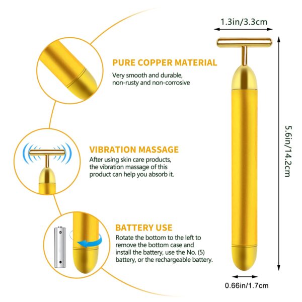 Aubric Face Massager Electric Beauty Bar 24k Golden Facial Massage Tool, T-Shape Electric Vibrating Wand Face Neck Skin Firming Lifting Tighting Wrinkles Reducing Body Treatment Anti Aging Device - Image 2