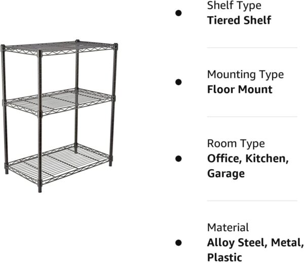 Amazon Basics 3-Shelf Adjustable Heavy Duty Steel Wire Rack Storage Shelving Organizer for Kitchen, Garage, 23.2" L x 13.4" W x 30" H, Black - Image 6