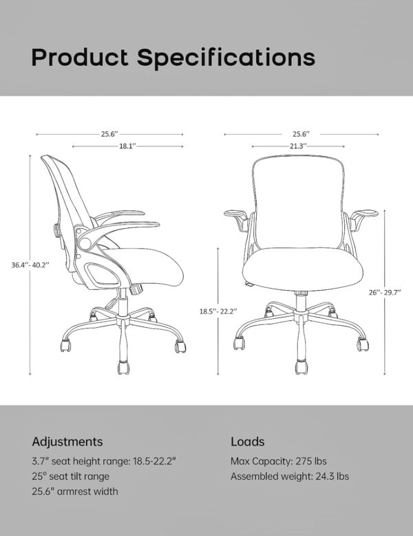 Mesh Office Chair Ergonomic Desk Chair with Up&Down Front&Rear 2 Dimensions Adjustable Lumbar Support and Flip-up Arm Rocking Comfy Swivel Computer Task Chair for Home Office(Black-Black) - Image 2