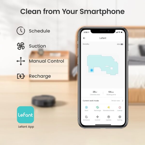 Lefant M210 Pro Robot Vacuum, Slim & Quiet, 3 Adjustable Suction Levels, 120 Min Runtime, Freemove 3.0, WiFi/App/Alexa, 6 Modes for Pet Hair, Hard Floors & Low Carpets, Self-Charging, Gray - Image 6