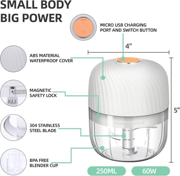Electric Garlic Chopper, Mini Portable Veggie Chopper, 250ML Garlic Grinder Masher Onion Chopper, Blender to Vegetable, Wireless Food Processor for Ginger, Chili, Fruit, Meat, etc - Image 4