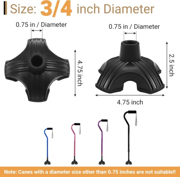 Dotday 2 Pack Cane Tips for Stability, Self Standing Cane Base for Most Walking Canes, Walking Sticks, Folding Canes, Non-Slip Replacement Quad Cane Tip, Heavy Duty 4 Prong Rubber Cane Foot Pad, Black - Image 4
