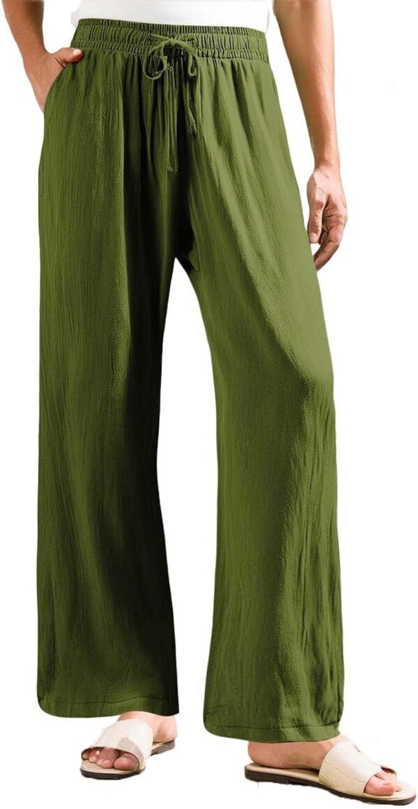 Women Flowy Linen Palazzo Pants Drawstring Elastic Waist Wide Leg Trousers Summer Beach Loose Fit Slacks with Pockets