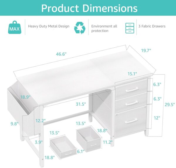 Lufeiya White Desk with File Drawers Cabinet, 47 Inch Reversible Computer Desk with Filing Cabinet for Bedroom Small Space Home Office, Modern Writing Table PC Desks, White - Image 3
