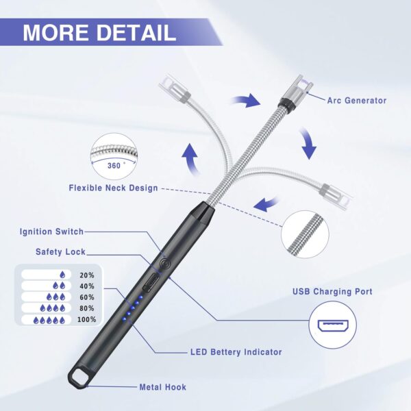 Candle Lighter, Lighter Electric Lighter, Rechargeable Type C Lighters Arc Lighter with LED Battery Display, Flameless Long Lighters for Candles Grill BBQ Camping (Black) - Image 3
