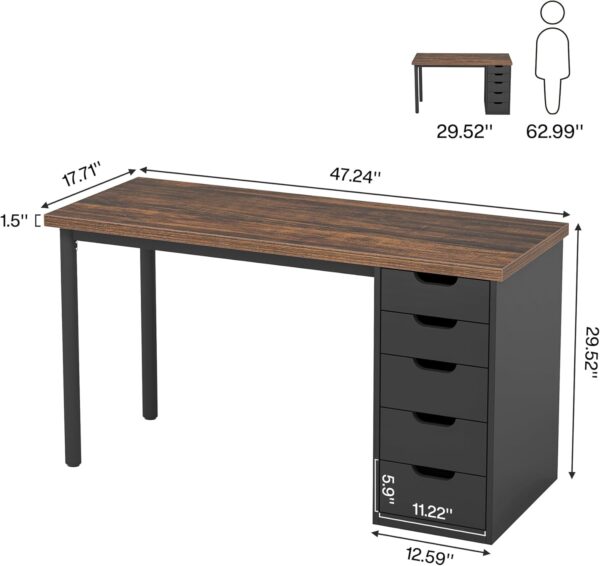 Tribesigns Computer Desk with 5 Drawers, 47 inches Rustic Brown Home Office Desk with Storage, Modern Simple Laptop Desk Study Writing Table for Small Spaces (1, Brown+Black) - Image 2