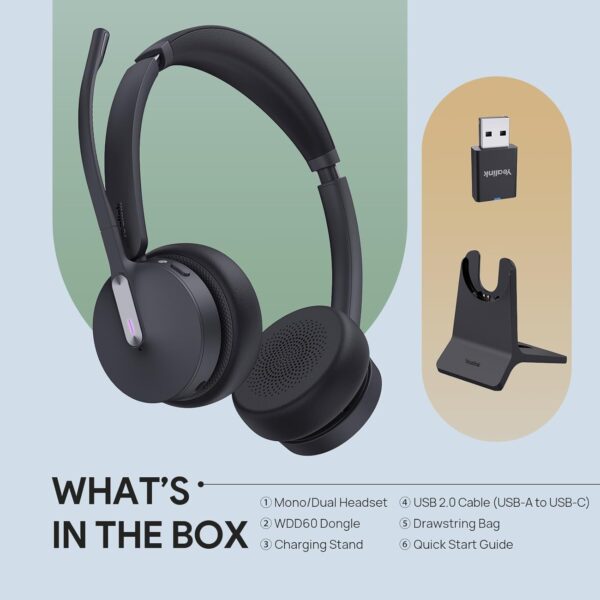 Yealink WH64 Hybrid DECT& Bluetooth Wireless Headset, 492ft Range Mono Teams UC Headphones with DECT Dongle & Charging Stand, 3X Mic, 26H Talk Time,Portable Single Headsets for PC,Cellphone,Laptop - Image 9