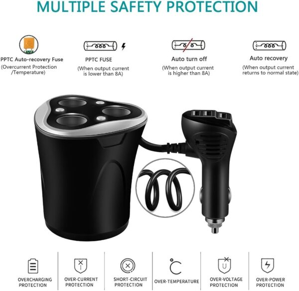 Skyocean 3 Socket Cigarette Lighter Splitter Power Adapter + 3 USB Car Charger 120W 12V/24V DC Outlet with Volt Meter, On/Off Switch for Cell Phone GPS Dash Cam & All Electronic Devices (Black) - Image 6