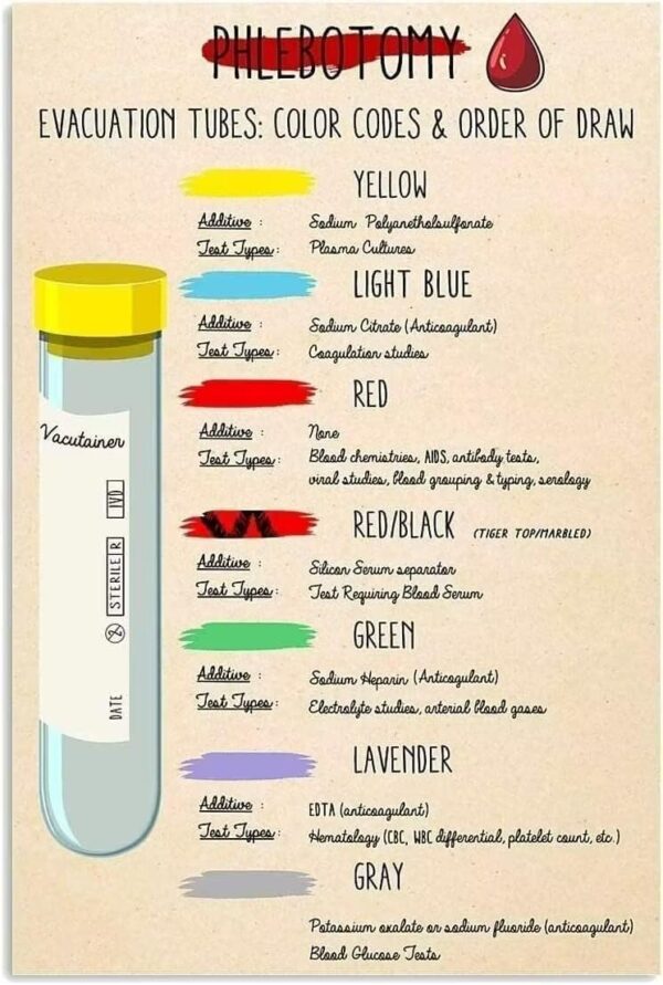 Blood Laboratory, Basic Medical Knowledge Guide - Unframed Poster Wall Decor Art, Color Code & Blood Drawing Sequence, High Definition Color Graffiti Canvas Painting Poster Wall Decor 30 X 30 Cm