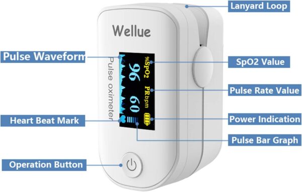 Wellue Pulse Oximeter Fingertip Blood Oxygen Saturation Heart Rate Monitor with Batteries and Lanyard Bluetooth FS20F White - Image 3