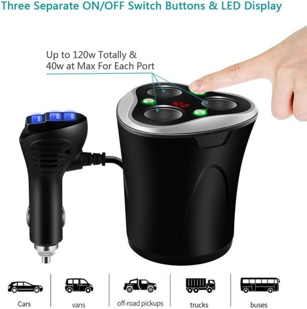 Skyocean 3 Socket Cigarette Lighter Splitter Power Adapter + 3 USB Car Charger 120W 12V/24V DC Outlet with Volt Meter, On/Off Switch for Cell Phone GPS Dash Cam & All Electronic Devices (Black) - Image 4