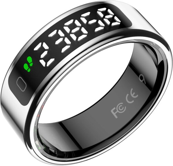 Smart Ring with LED Display Screen,Sleep&Fitness Tracking Wearable for Women/Men,Accurate Monitoring of Pedometer, Heart Rate,Blood Oxygen,No Subscription Required with Wireless Charging (Silver, 11)