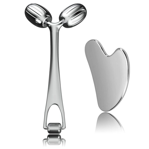 Yeamon Gua Sha Facial Tools and Face Roller Set, Facial Massage Tool for Women’s Skincare Routine,Cooling Stainless Steel Face Sculpting Eyes Roller Guasha for Daily Use or Self-Care Gift for Women