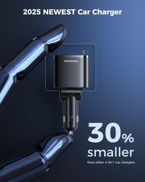 [2025 Upgraded] Retractable Car Charger, SUPERONE 69W Car Phone Charger with Cables Fast Charging, Gifts for Men Women Car Accessories for iPhone 16 15 14 13 12, Samsung, Black - Image 7