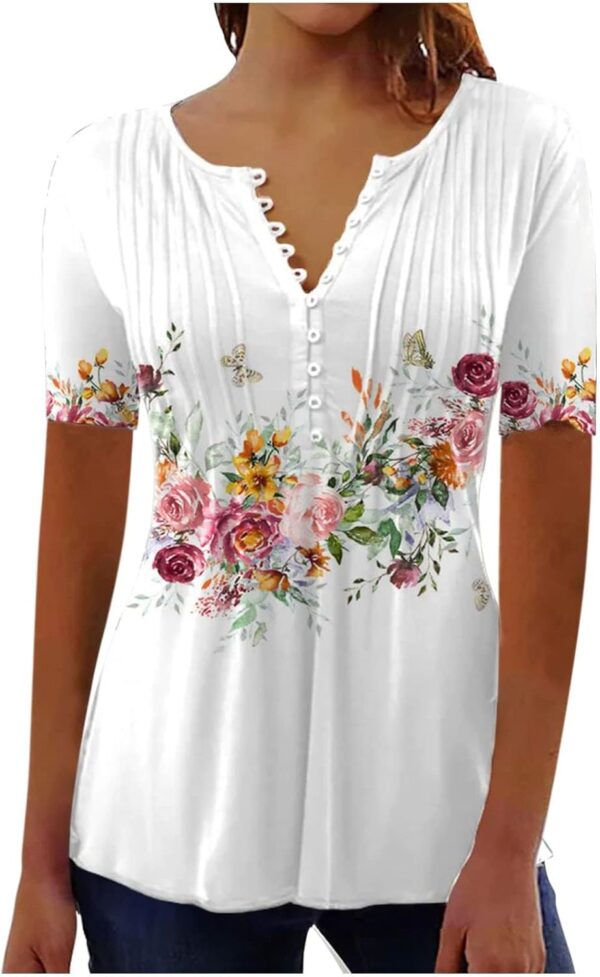 V Neck T Shirts for Women,Short Sleeve Tops 2025 Summer T Shirt Casual V Neck Button Printed Blouse Plus Size Tees
