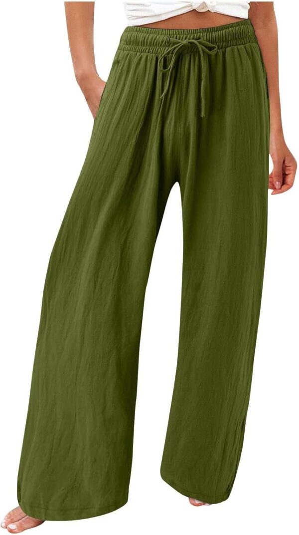 Women Flowy Linen Palazzo Pants Drawstring Elastic Waist Wide Leg Trousers Summer Beach Loose Fit Slacks with Pockets - Image 2