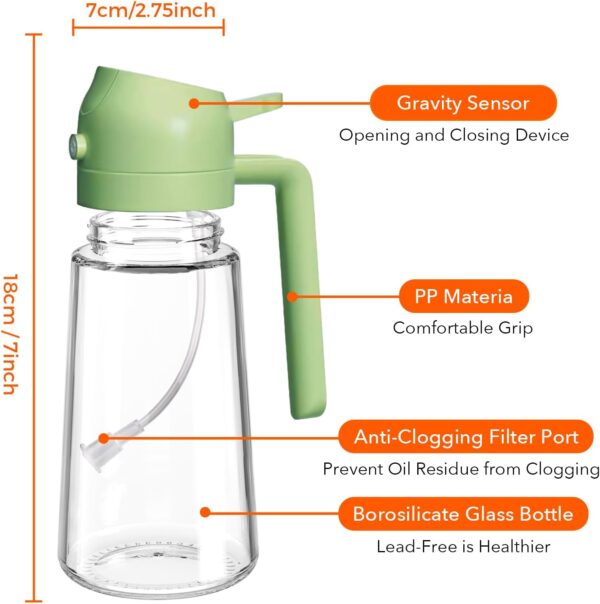 YARRAMATE Olive Oil Dispenser, 2 in 1 Oil Sprayer for Cooking, 16oz/470ml Glass Oil Spray Bottle with Pourer, Food-grade Oil Dispenser and Oil Sprayer for Kitchen, Salad, Frying, BBQ (Black & Green) - Image 8