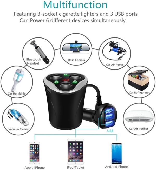 Skyocean 3 Socket Cigarette Lighter Splitter Power Adapter + 3 USB Car Charger 120W 12V/24V DC Outlet with Volt Meter, On/Off Switch for Cell Phone GPS Dash Cam & All Electronic Devices (Black) - Image 3